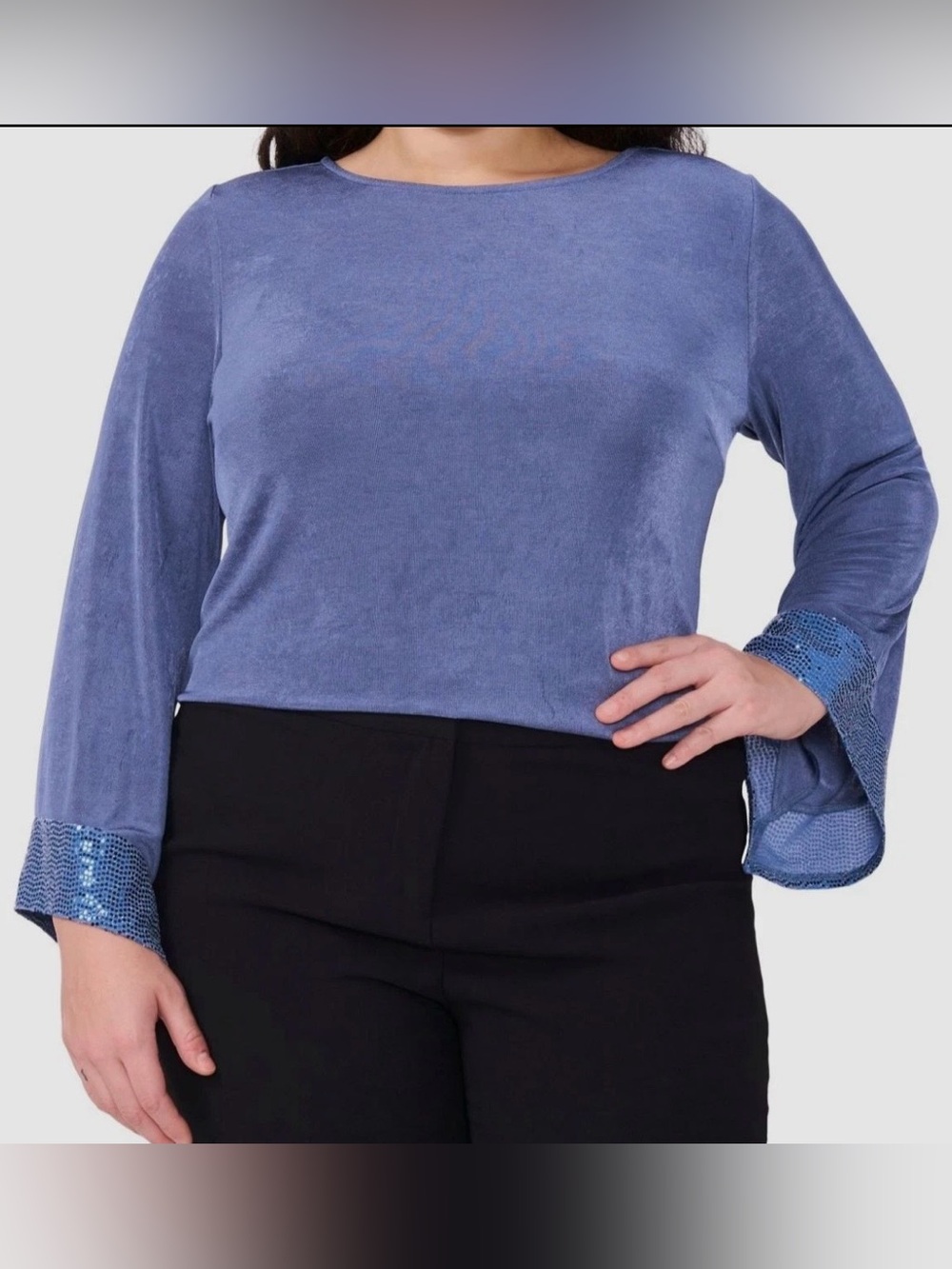 NWT MSK Pet XL Blue Jersey-Knit Contrast-Cuff Unlined Long-Sleeve Blouse R $59